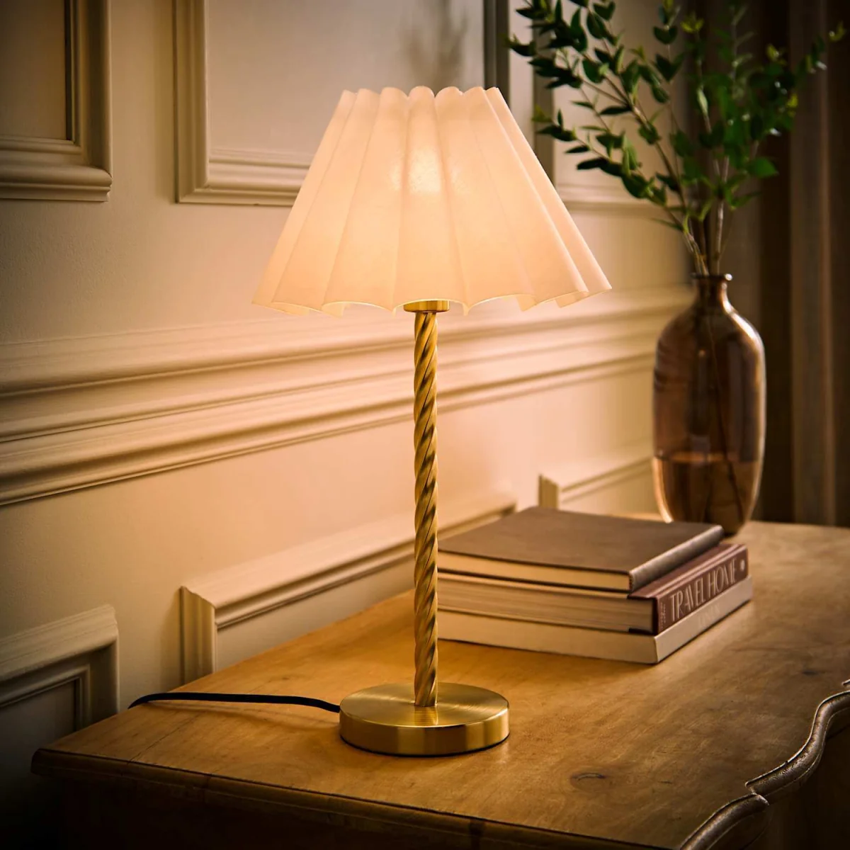 Maura Twisted Gold Metal Table Lamp with Pleated Taper Shade - White / 26cm – image 4