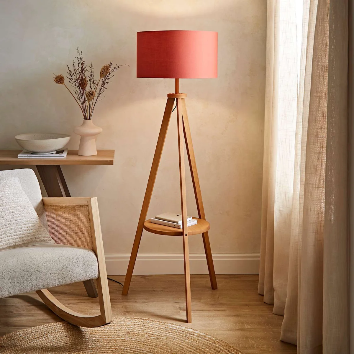 Morrigan Mid Wood Shelf Floor Lamp with Drum Shade - Red - Mid Wood – image 3