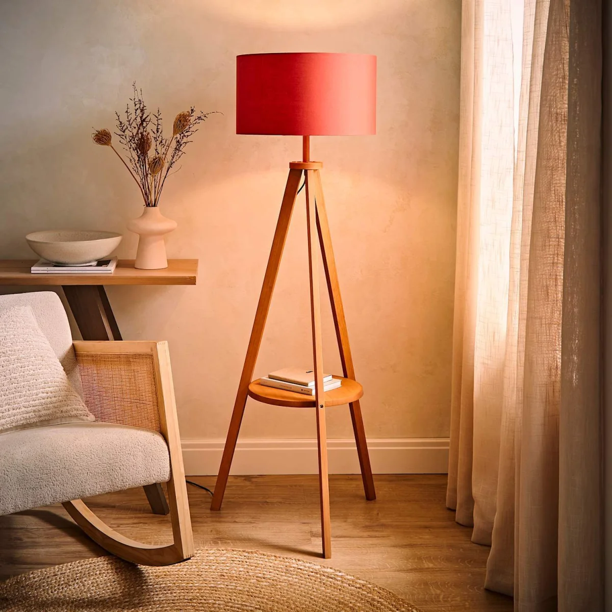 Morrigan Mid Wood Shelf Floor Lamp with Drum Shade - Red - Mid Wood – image 4