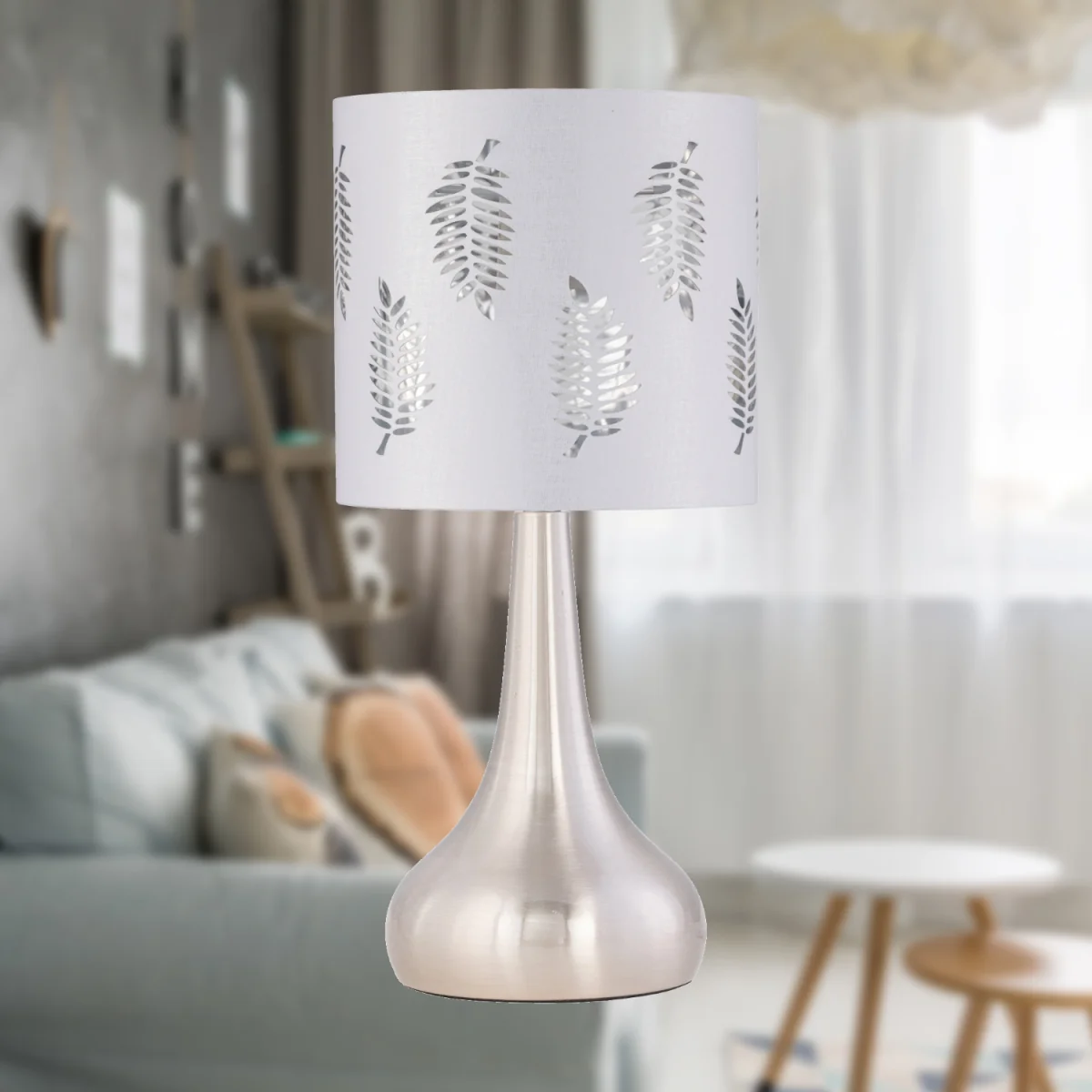 Romana Brushed Chrome Touch Table Lamp With White Fern Shade - Satin Nickel & White – image 2