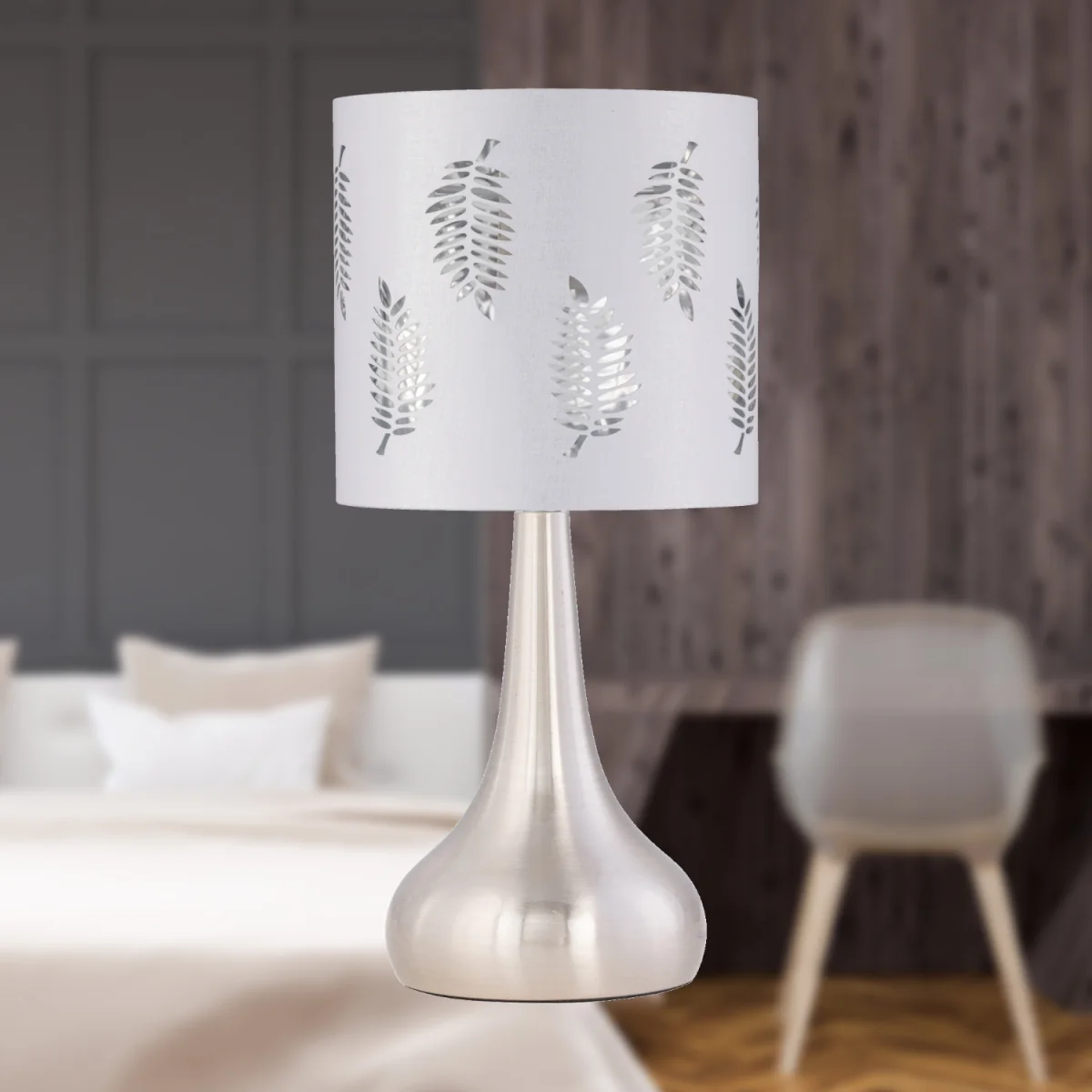 Romana Brushed Chrome Touch Table Lamp With White Fern Shade - Satin Nickel & White – image 3