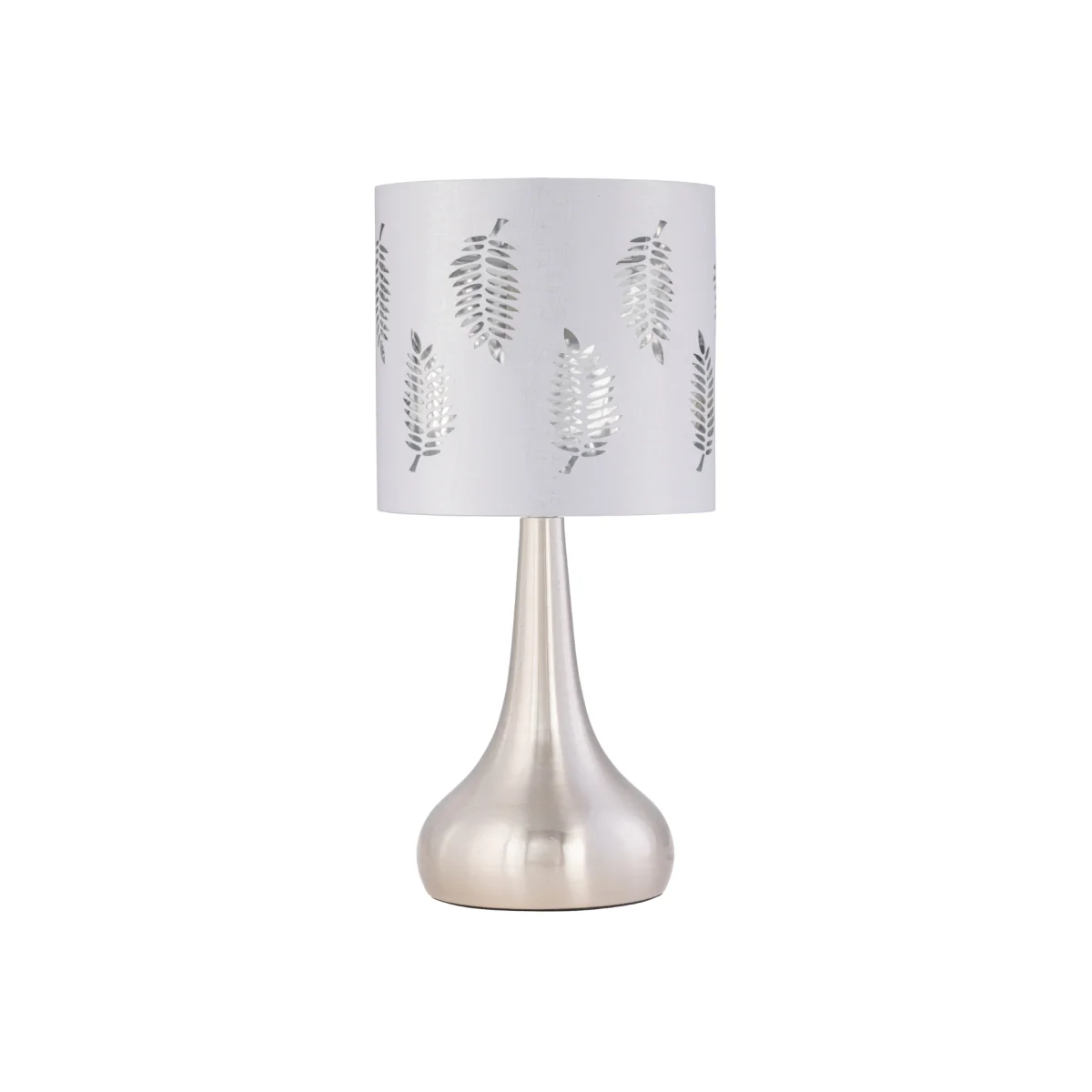 Romana Brushed Chrome Touch Table Lamp With White Fern Shade - Satin Nickel & White – image 1