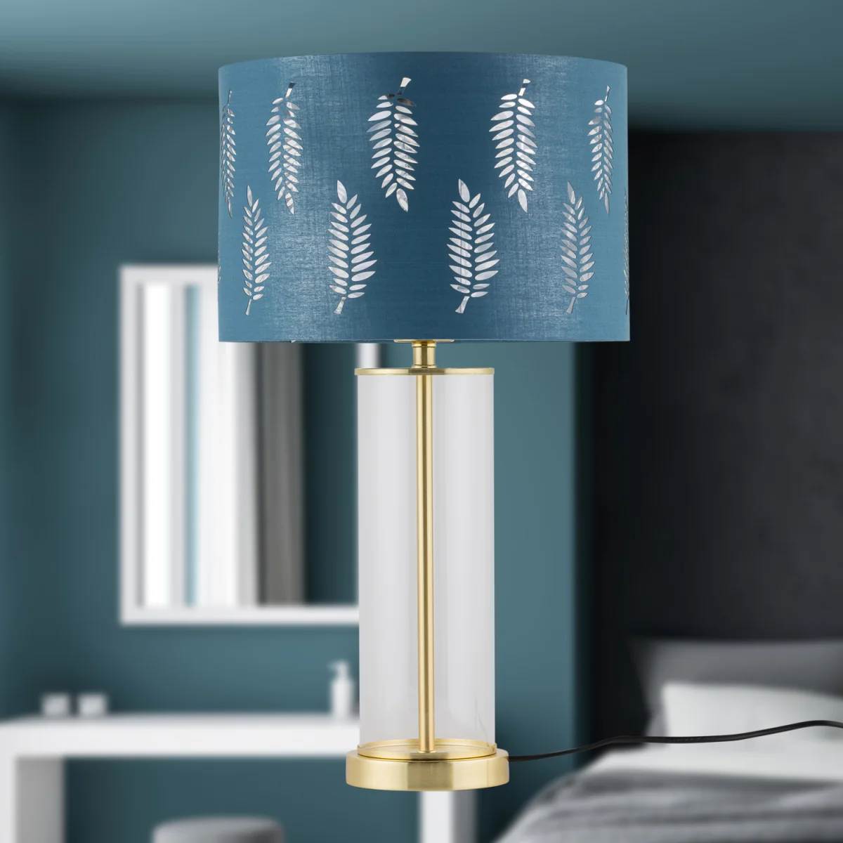 Aura Satin Brass Table Lamp With Teal Fern Cut Out Silver Shade - Satin Brass & Teal – image 4