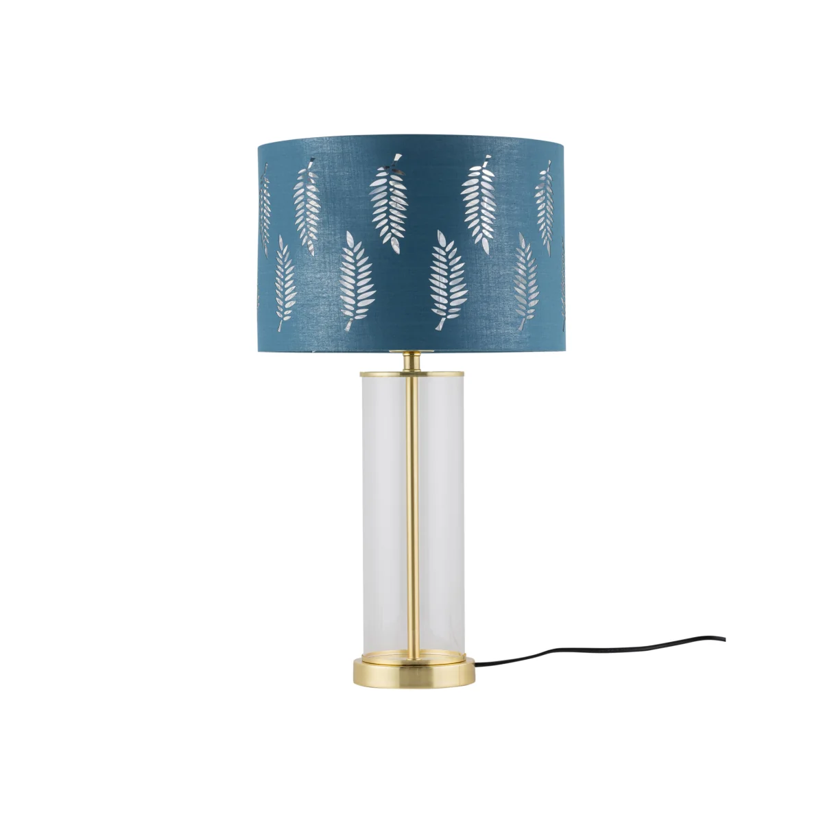Aura Satin Brass Table Lamp With Teal Fern Cut Out Silver Shade - Satin Brass & Teal – image 1