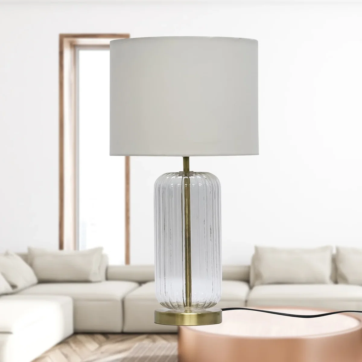 Set Of 2 Walpole Fluted Glass Brass Table Lamps With Ivory  Shade - Antique Brass & Ivory – image 4