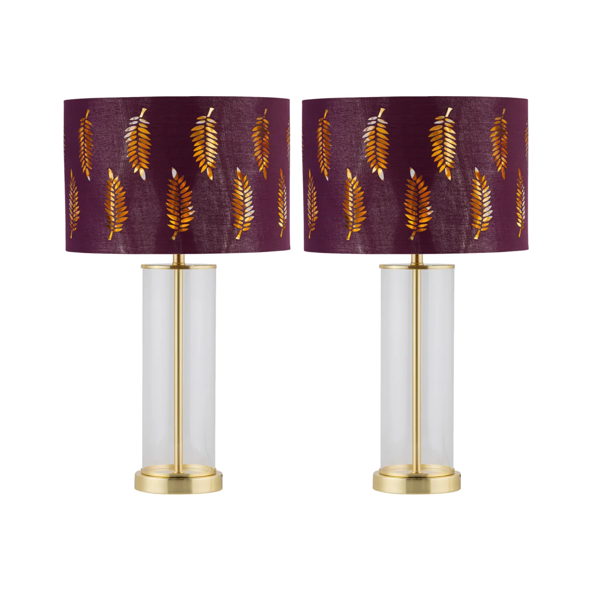 Set Of 2 Aura Satin Brass Table Lamps With Burgundy Fern Shades - Satin Brass & Burgundy – image 1