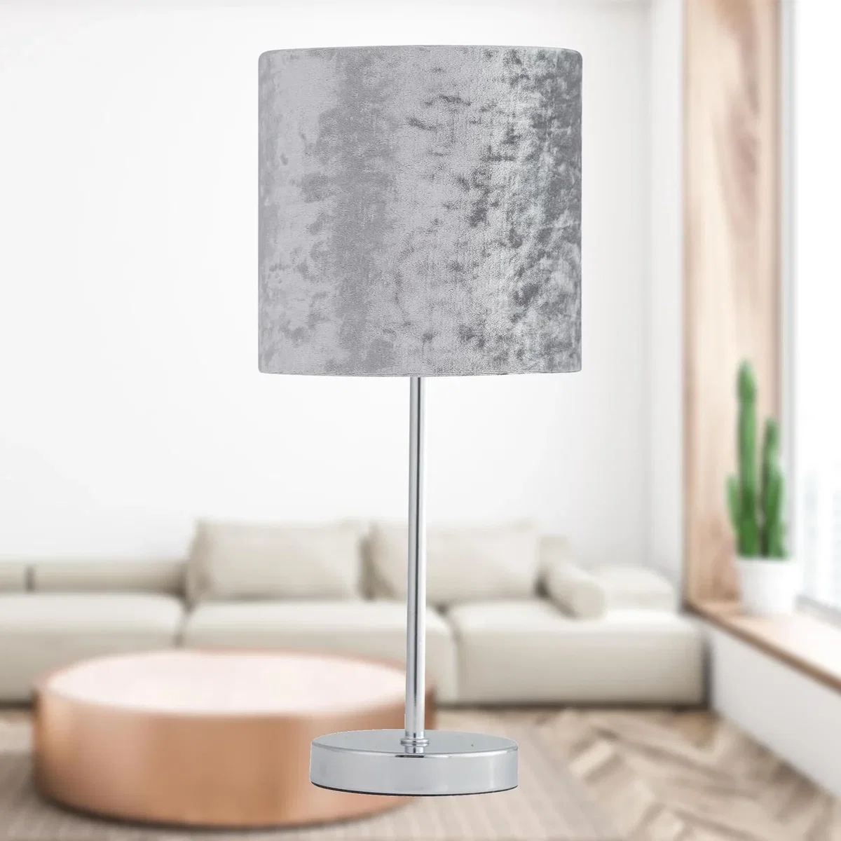 Chrome Touch Operated Table Lamp With Grey Crushed Velvet Shade - Chrome & Grey – image 5