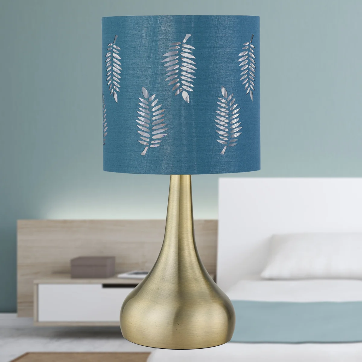 Set Of 2 Romana Antique Brass Touch Table Lamps Teal Fern Shade - Antique Brass & Teal – image 5