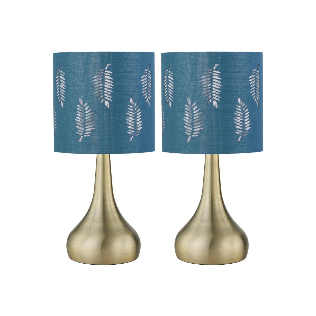 Set Of 2 Romana Antique Brass Touch Table Lamps Teal Fern Shade - Antique Brass & Teal – image 1