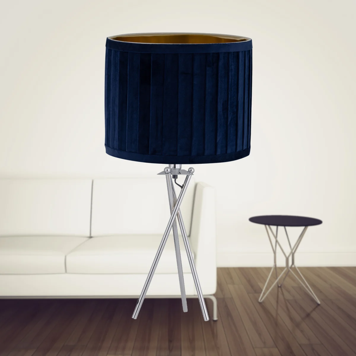 Set Of 2 Sundance Chrome Tripod Table Lamps With Navy Pleated Shades - Chrome & Blue – image 4