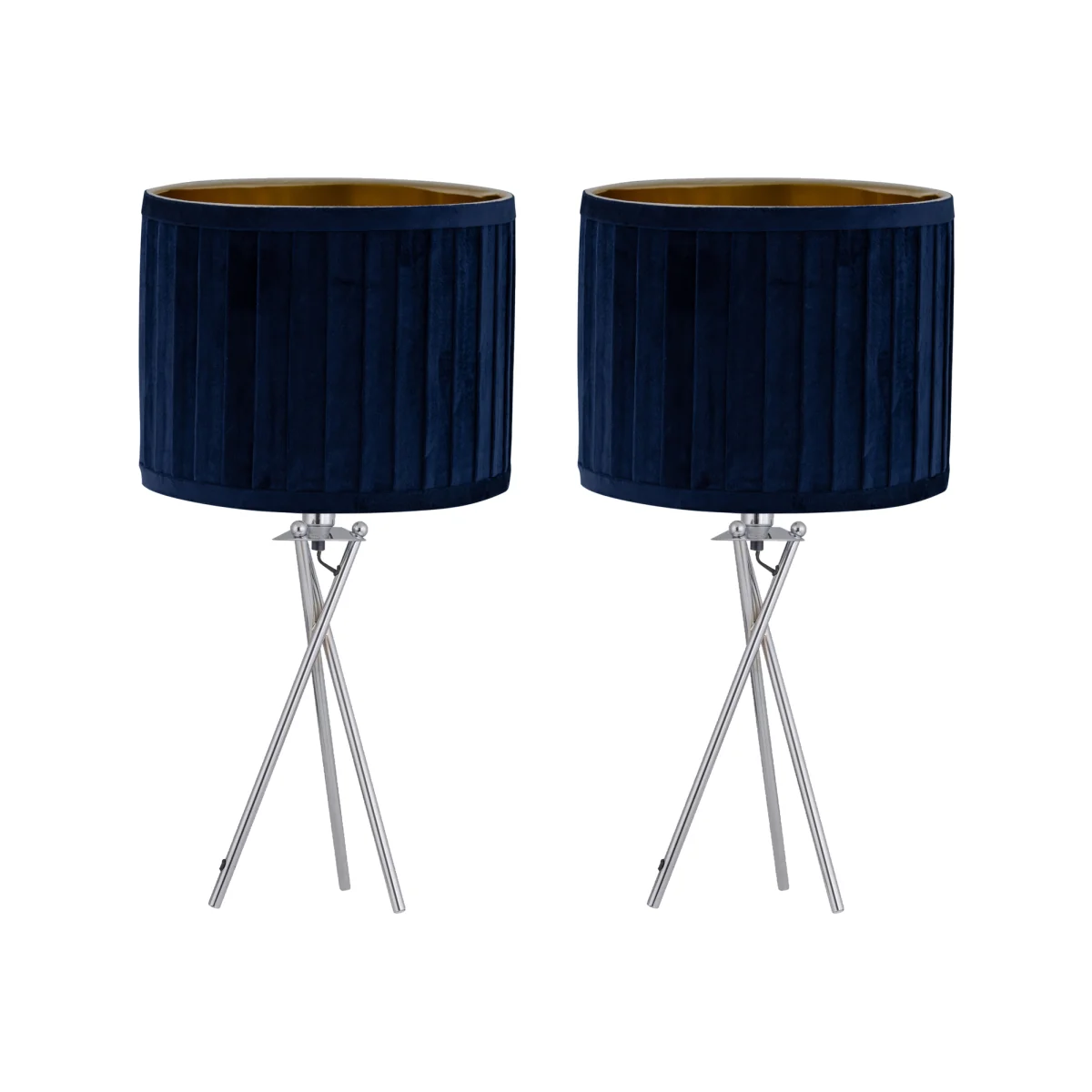 Set Of 2 Sundance Chrome Tripod Table Lamps With Navy Pleated Shades - Chrome & Blue – image 1