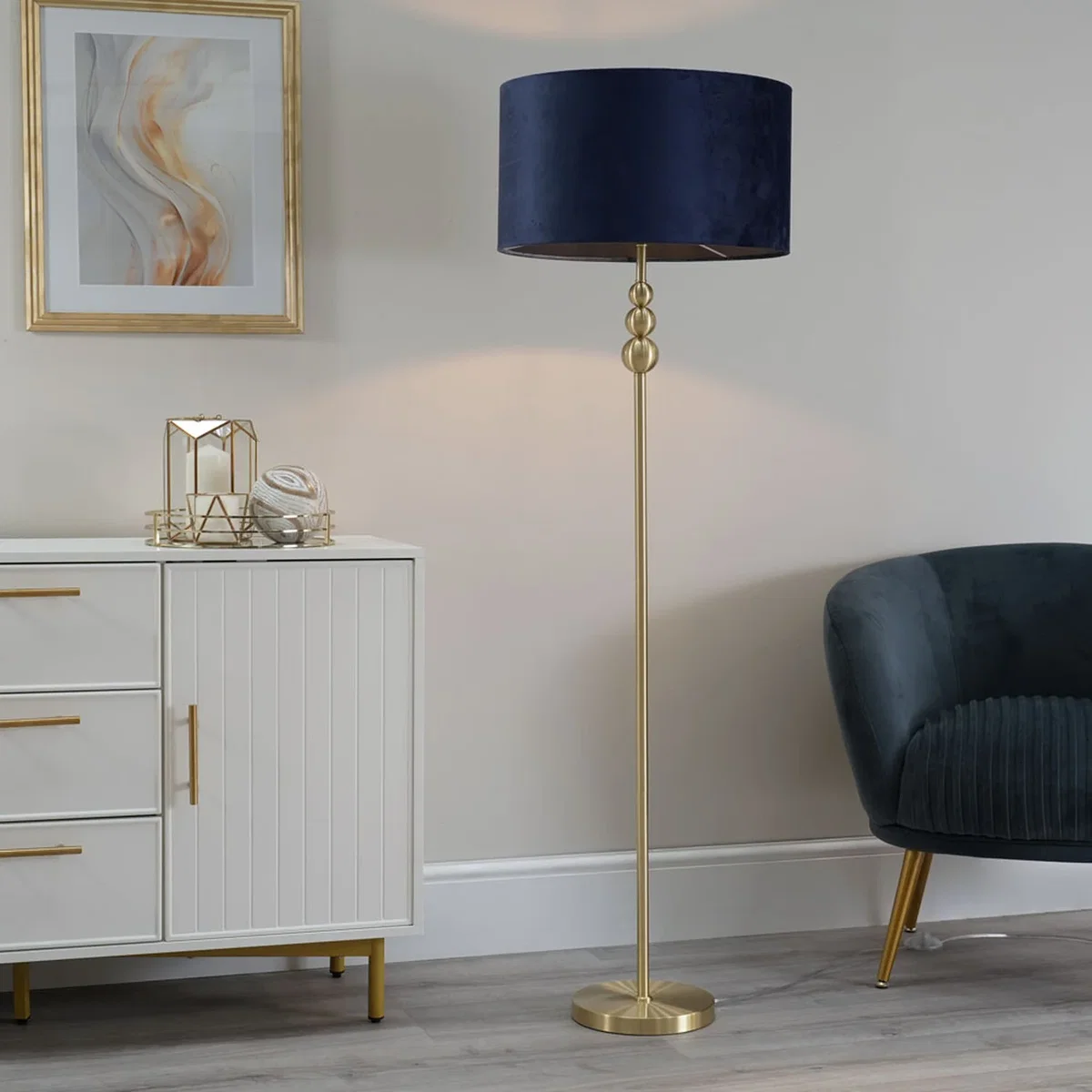Marissa Stacked Floor Lamp with Velvet Drum Shade and Bulb - Blue