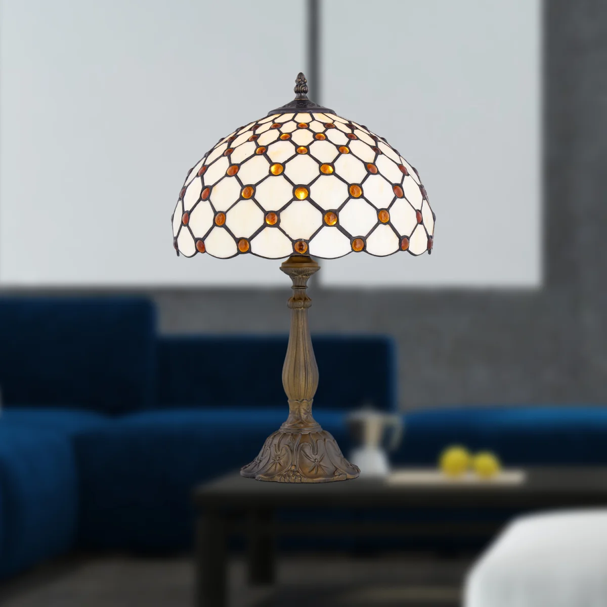 Nicolson Table Lamp With Shade - Antique Brass And Tiffany Decorated Glass – image 6