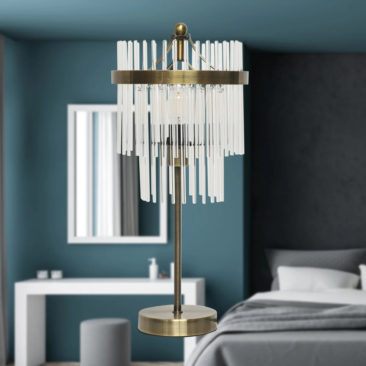 Georgia Table Lamp With Shade - Antique Brass Plate And Clear Rod Glass – image 4