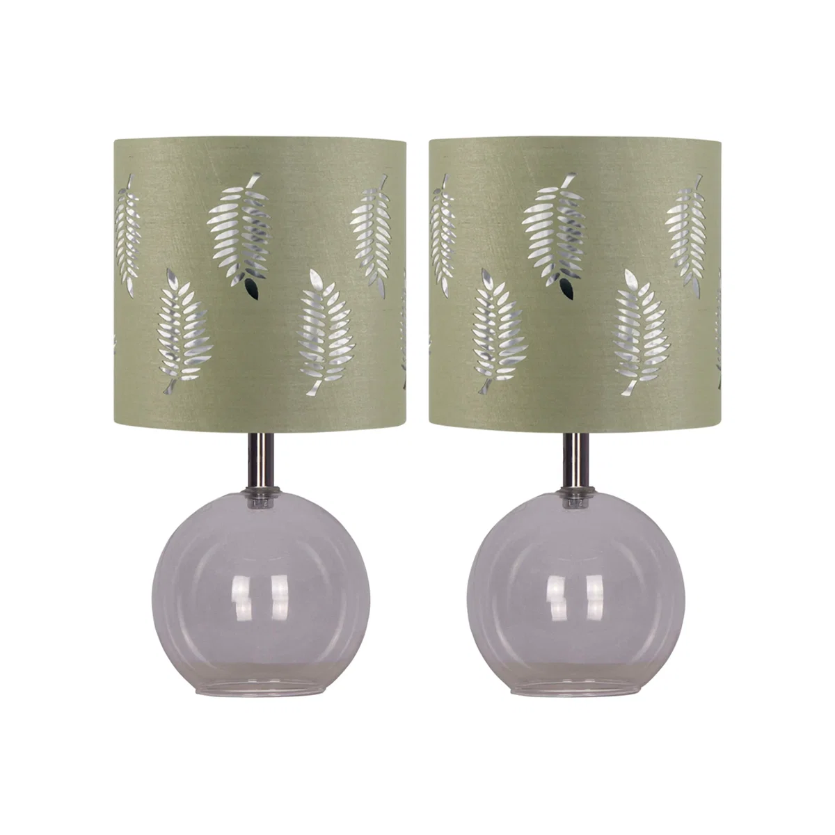 Set Of 2 Buck Clear Glass Globe Lamps With Sage Green Fern - Clear & Sage Green – image 1