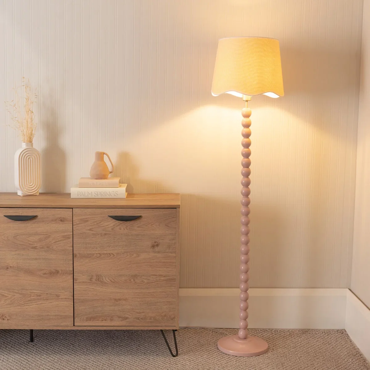 Bobbins Floor Lamp with Linen Scallop Shade - Pink / Including Bulb