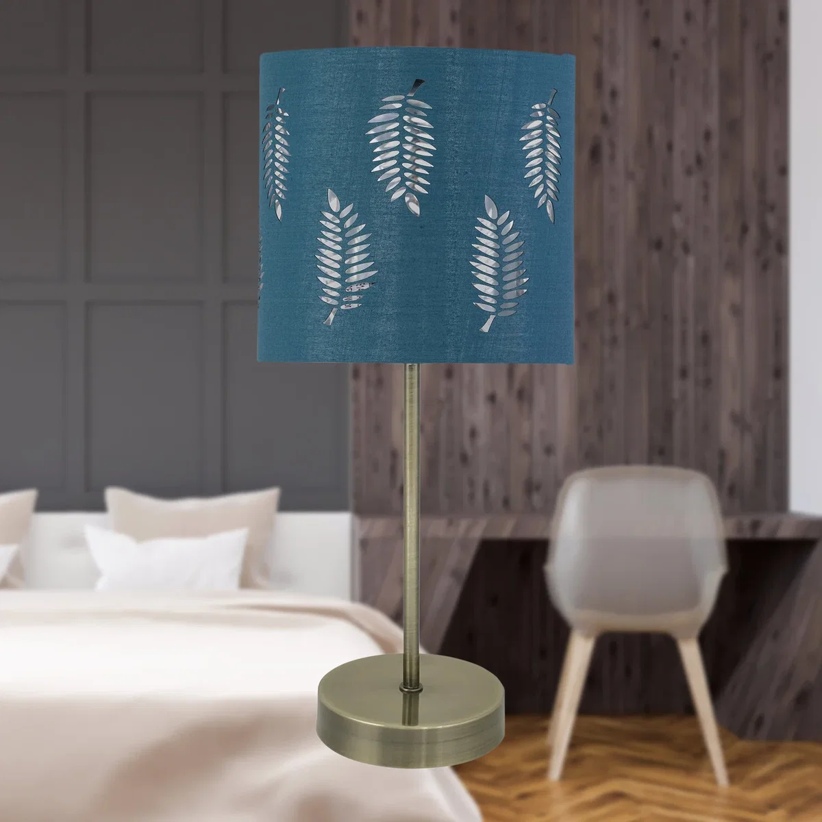 Antique Brass Stick Table Lamp With Teal Fern Cut Out Shade - Antique Brass & Teal – image 2
