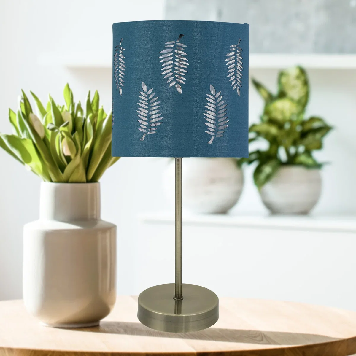 Antique Brass Stick Table Lamp With Teal Fern Cut Out Shade - Antique Brass & Teal – image 3