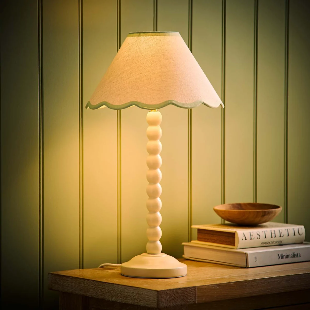 Bobbin Cream Table Lamp with Trim Scallop Shade - Sage Green / 12.5cm – image 3