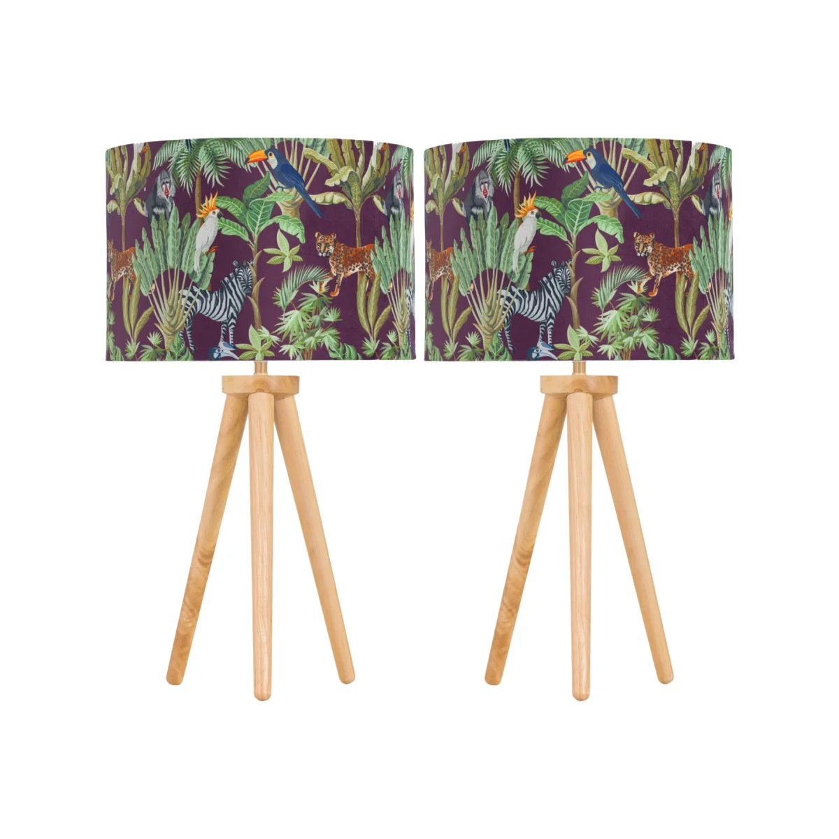 Set Of 2 Light Oak Table Lamp Bedside Lights With Safari Velvet Shades - Light Wood & Safari – image 1