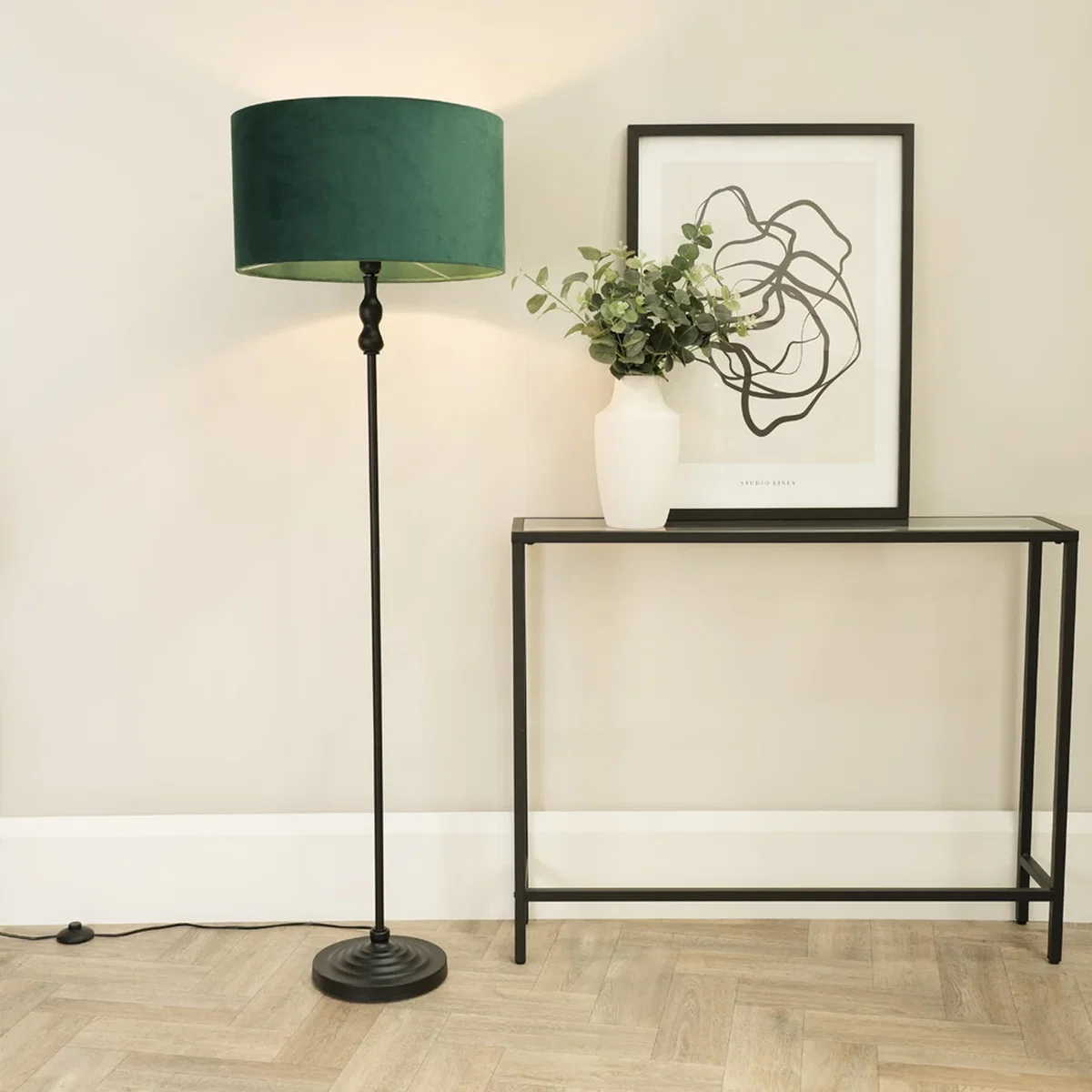 Maggie Floor Lamp with Velvet Drum Shade - Forest Green / E27GU10 / Without Bulb