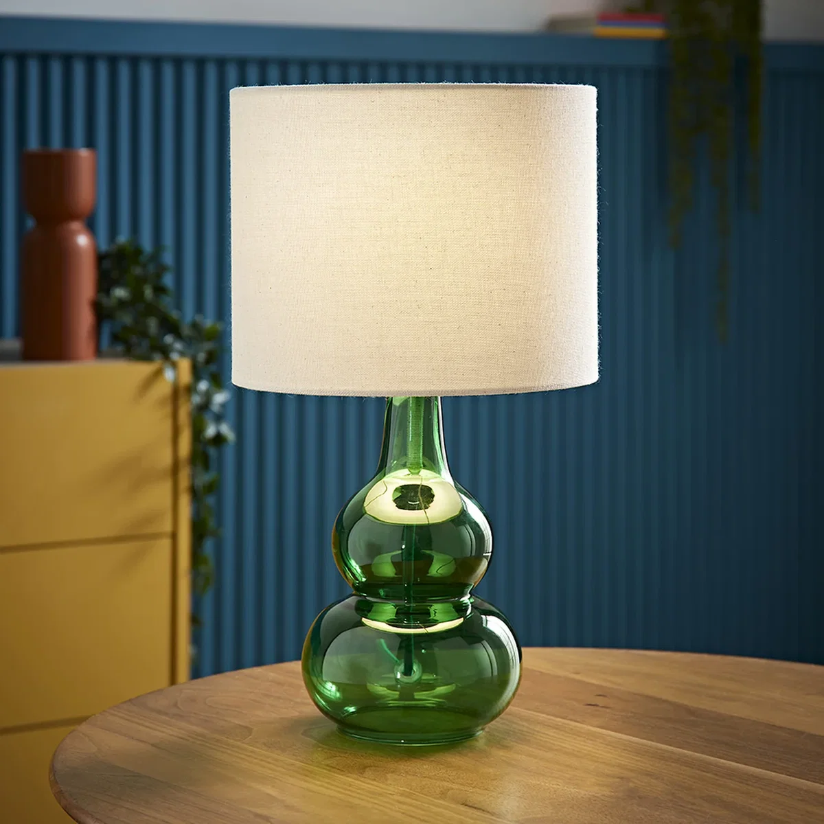 Aida Bubble Glass Table Lamp with Linen Shade - Green