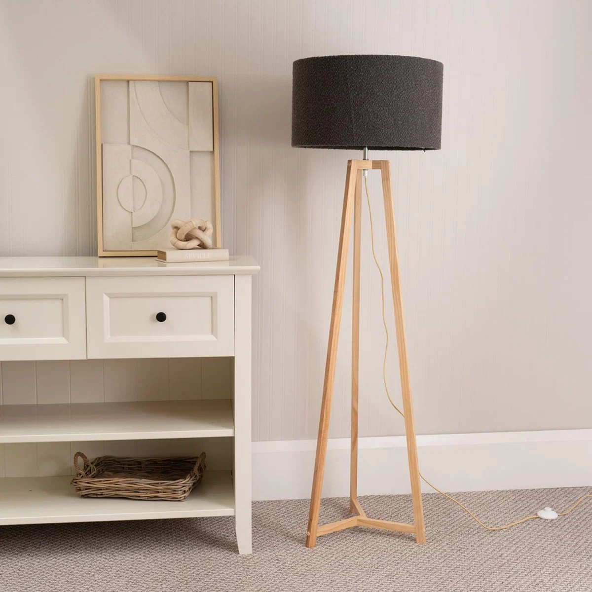 Lottie Natural Wood Floor Lamp with Boucle Shade - Charcoal