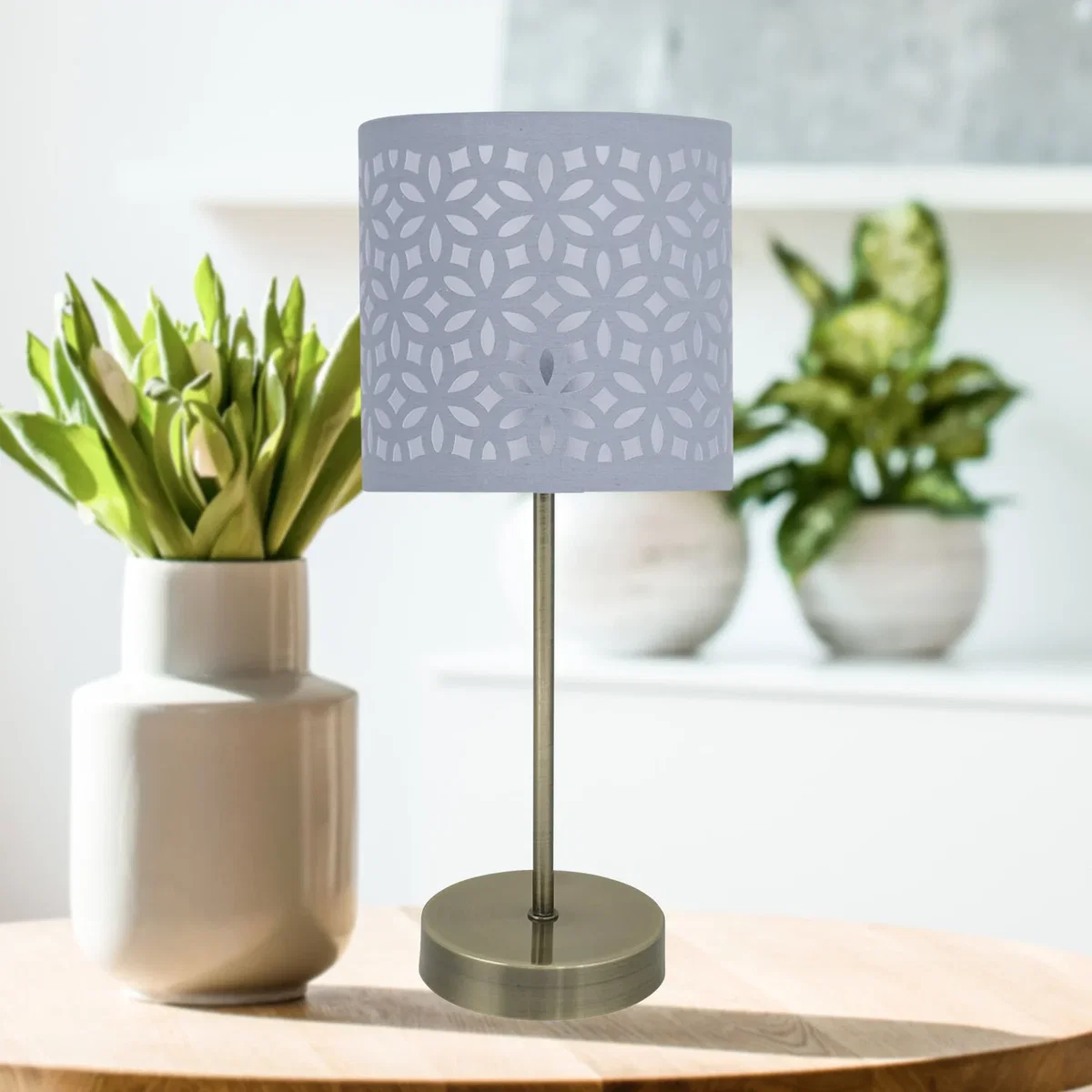 Antique Brass Stick Table Lamp With Grey Laser Cut Shade - Grey Laser Cut Cotton – image 2