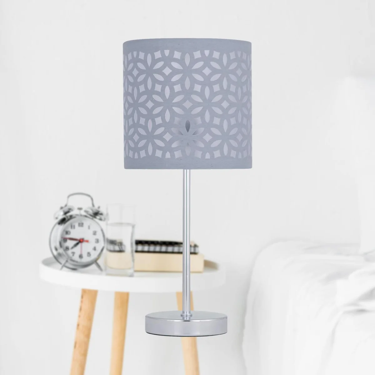 Laser Table Lamp With Shade - Polished Chrome Plate And Grey Cut Out Cotton – image 6