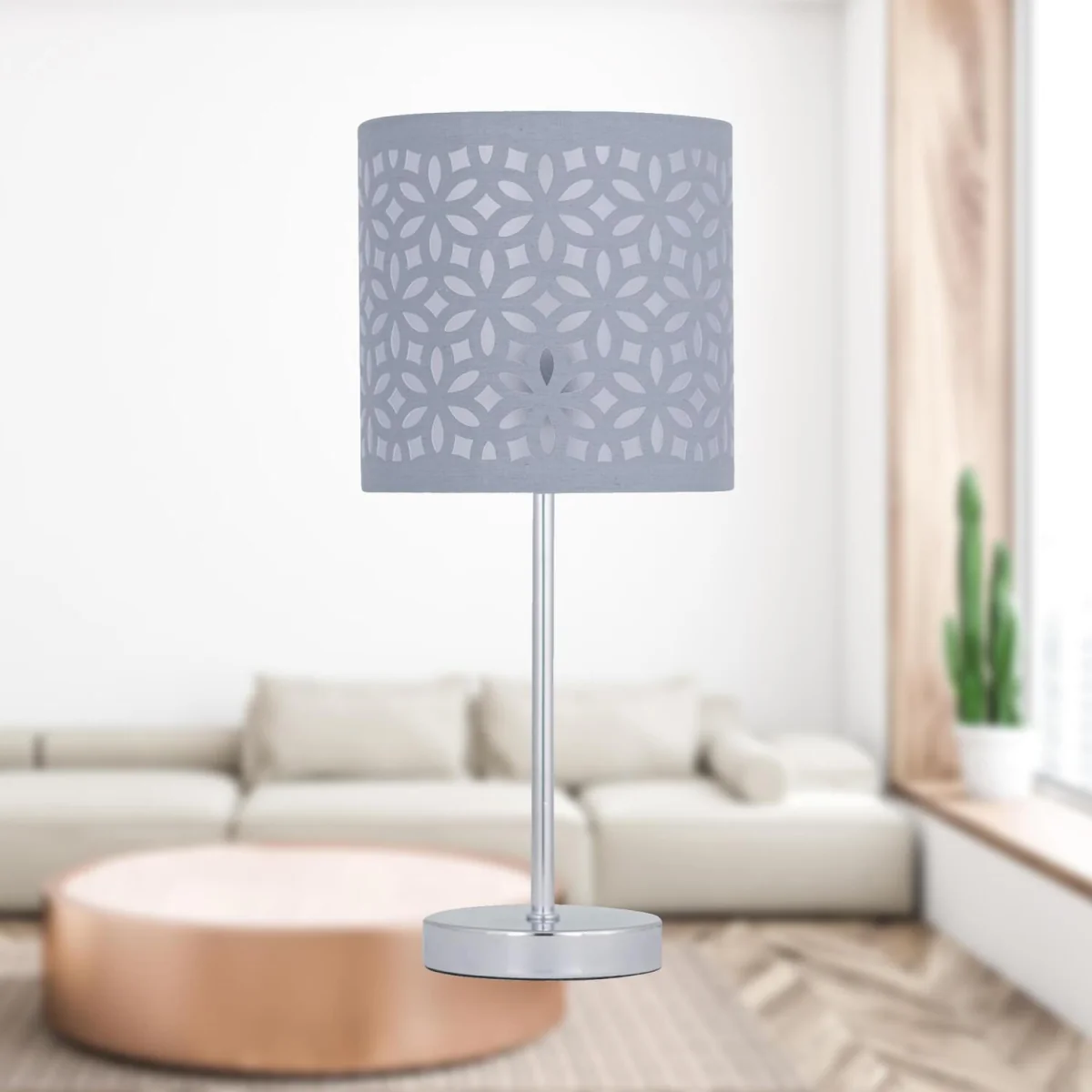 Laser Table Lamp With Shade - Polished Chrome Plate And Grey Cut Out Cotton – image 7