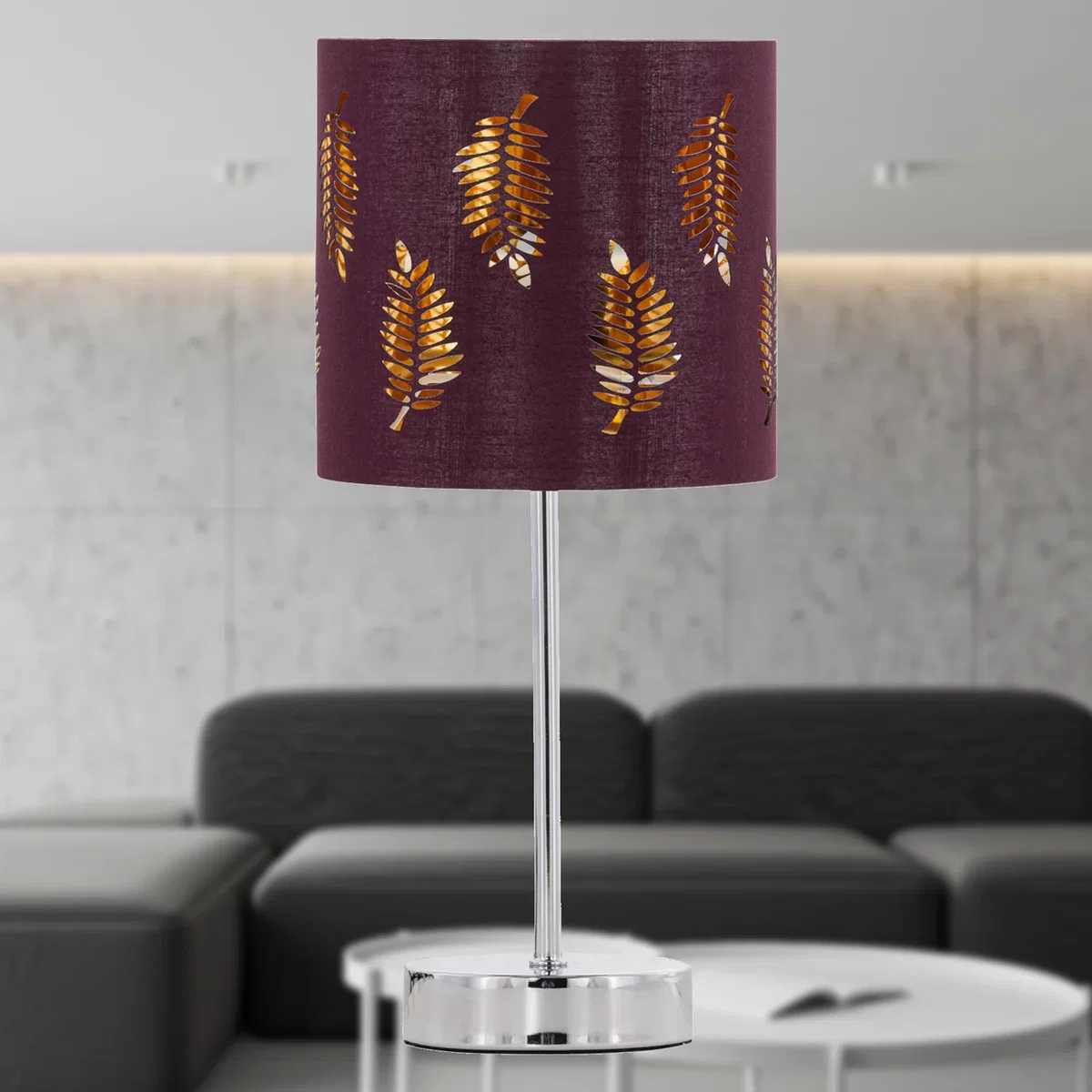 Chrome Stick Table Lamp With Burgundy Fern Cut Out Shade - Chrome & Burgundy – image 3