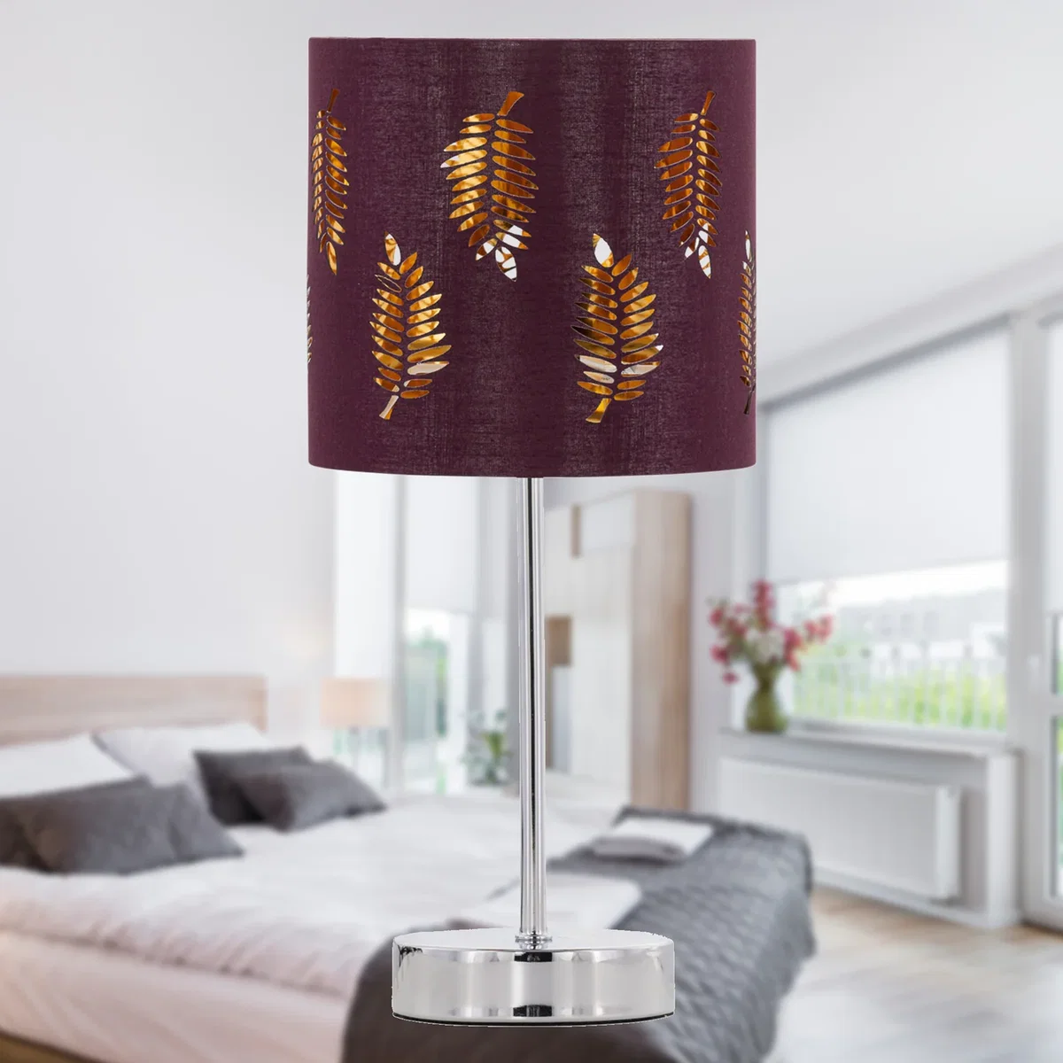 Chrome Stick Table Lamp With Burgundy Fern Cut Out Shade - Chrome & Burgundy – image 4