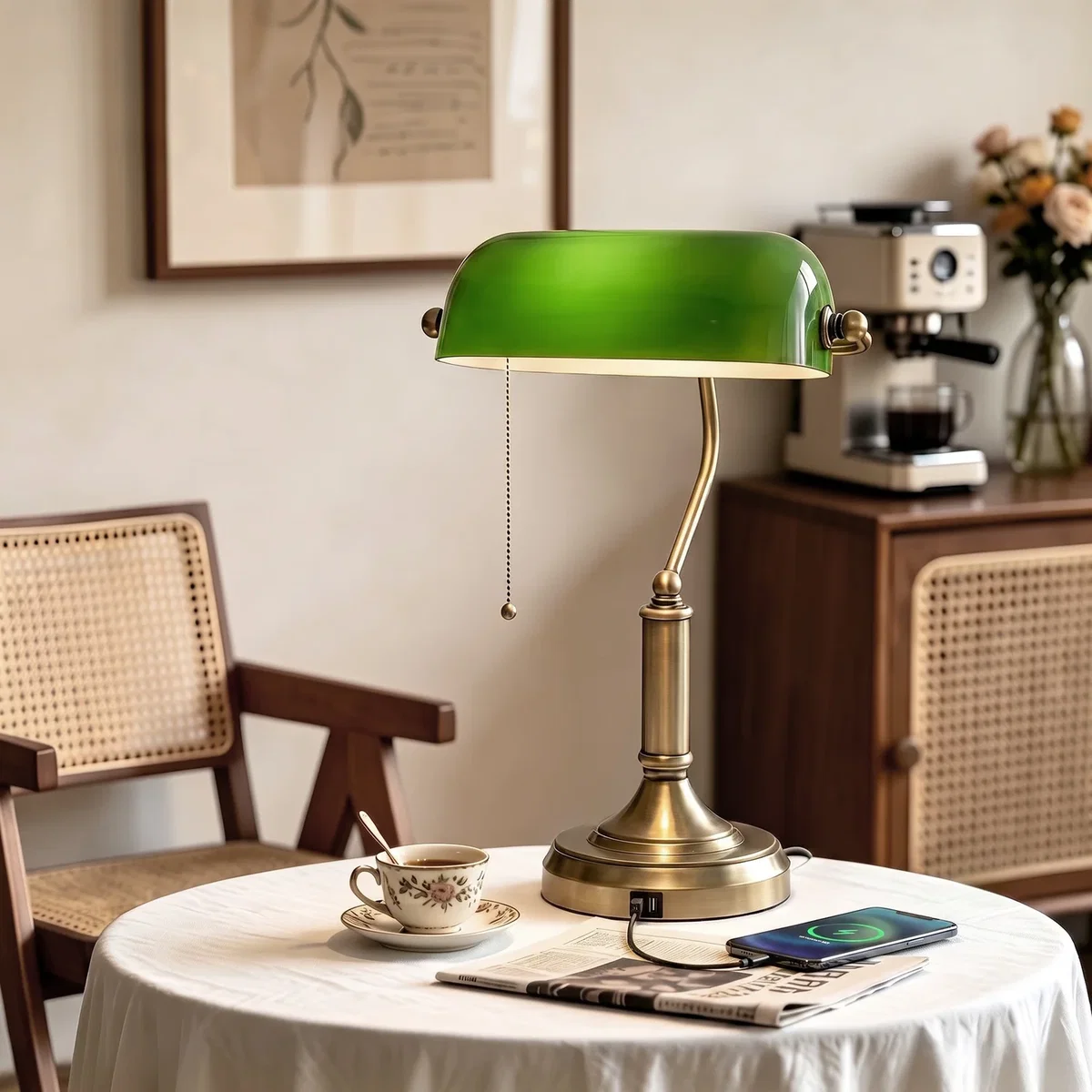 HOMCOM Banker's Table Lamp with Antique Bronze Base - Green – image 1