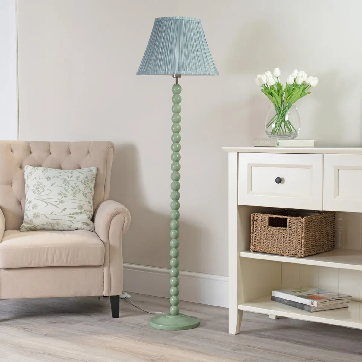 Bobbins Sage Floor Lamp with Tapered Scallop Shade - Blue
