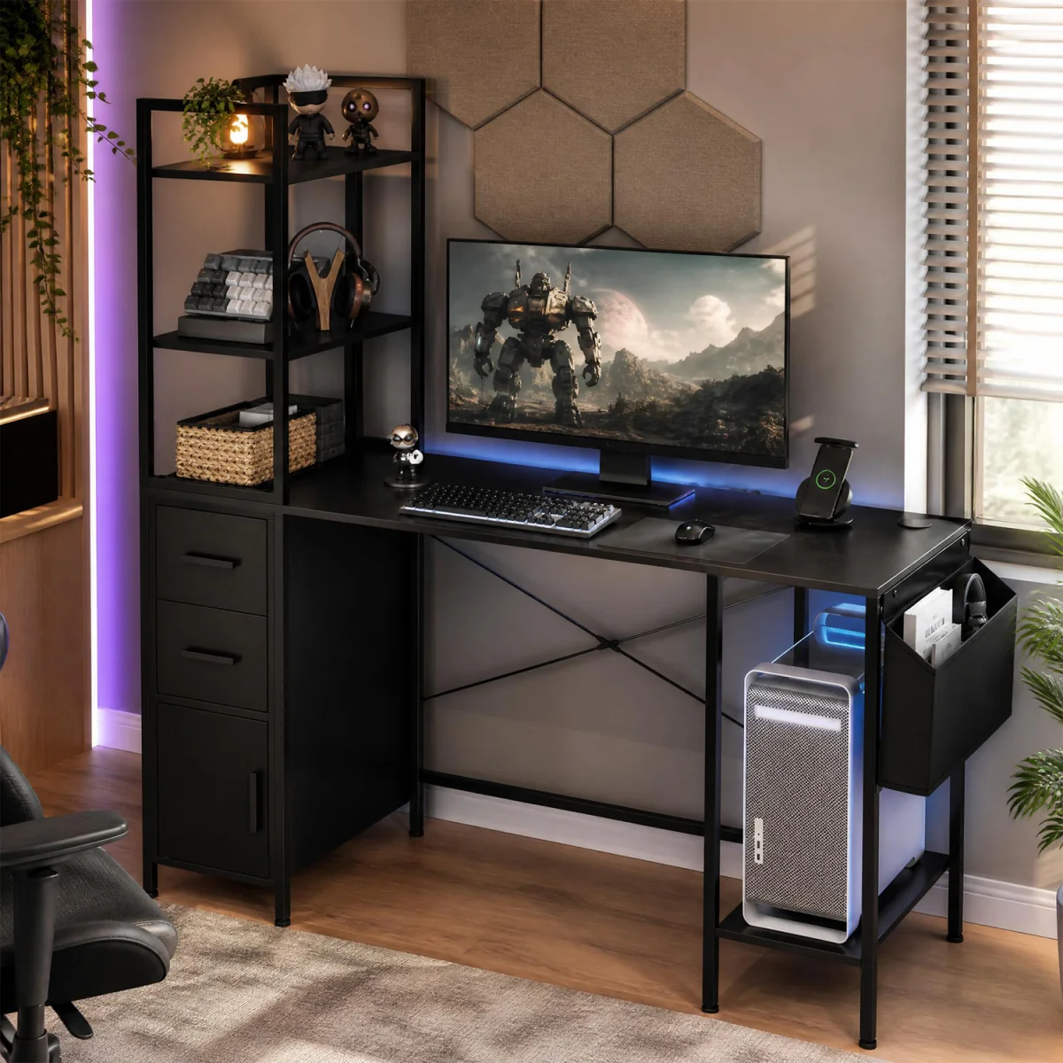 Office Desk Gaming Table with LED Lights and Power Outlets - Black – image 3