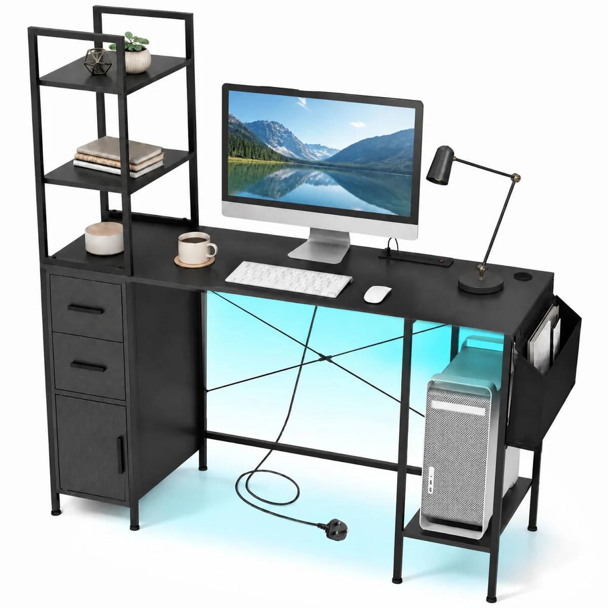Office Desk Gaming Table with LED Lights and Power Outlets - Black – image 5