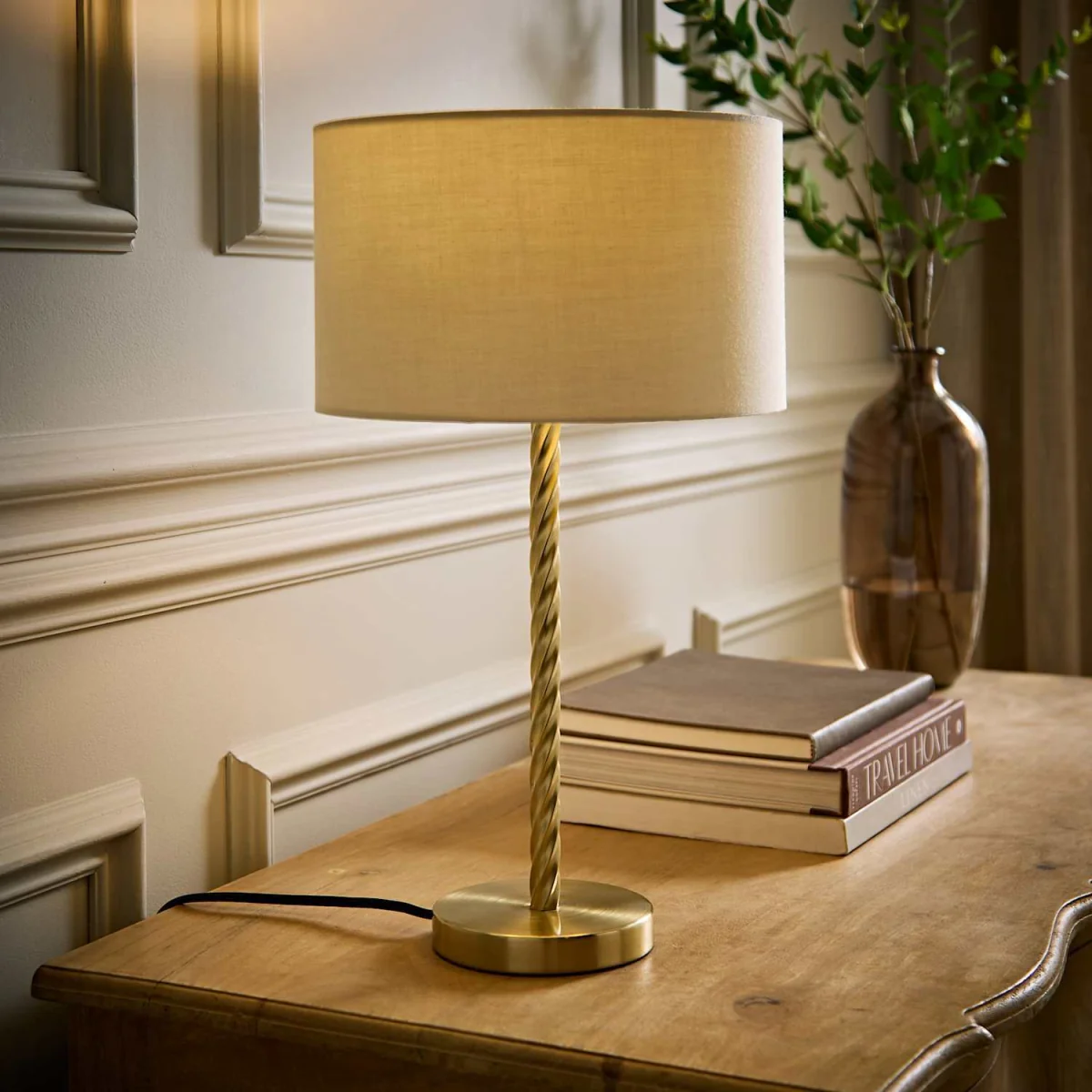 Maura Twisted Gold Metal Table Lamp with Drum Shade - Cream / 25cm – image 3