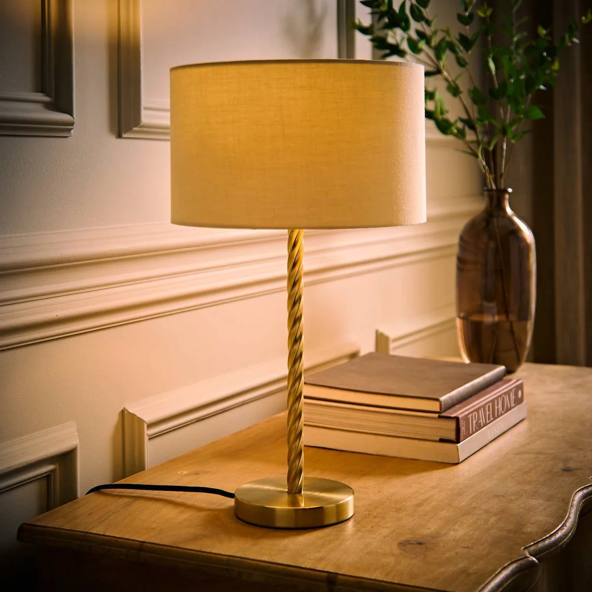 Maura Twisted Gold Metal Table Lamp with Drum Shade - Cream / 25cm – image 4