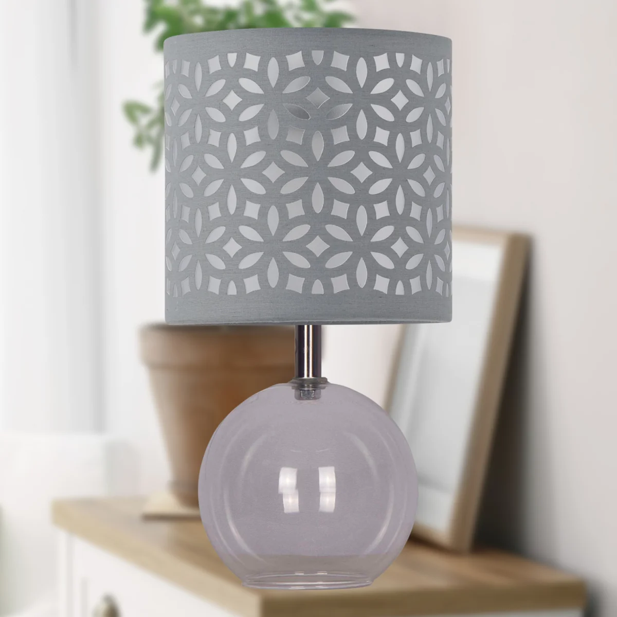 Set Of 2 Buck Clear Glass Globe Table Lamps With Grey Cut Outshade - Clear & Grey – image 4