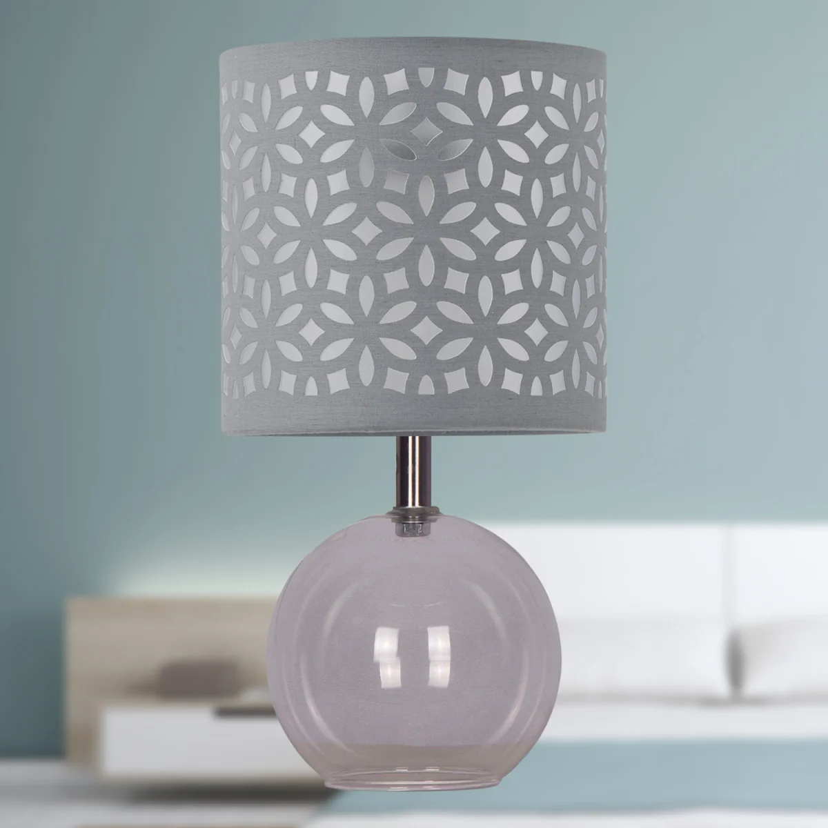 Set Of 2 Buck Clear Glass Globe Table Lamps With Grey Cut Outshade - Clear & Grey – image 5