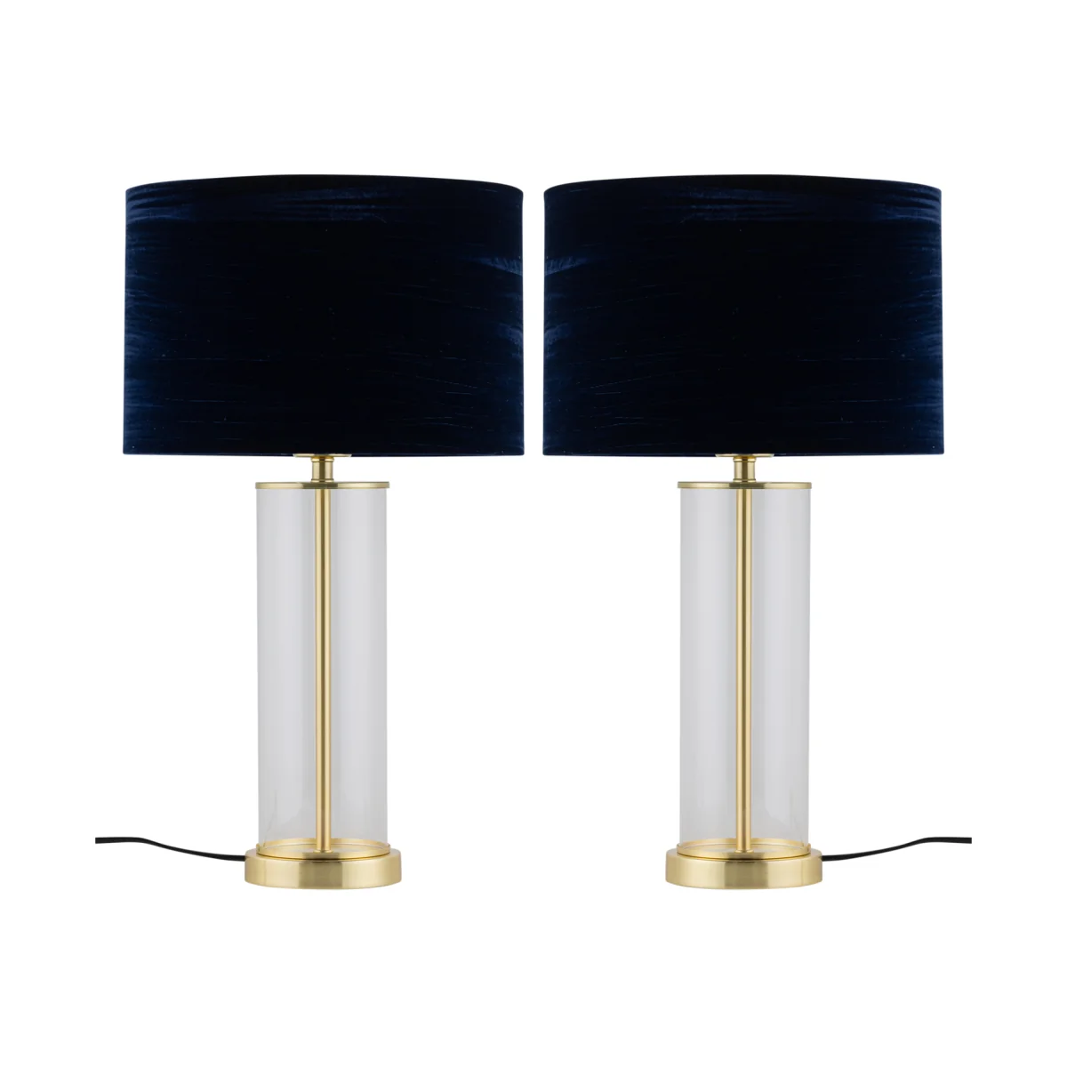 Set Of 2 Aura Satin Brass Lamps With Navy Blue Crushed Velvet Shades - Satin Brass & Blue – image 1