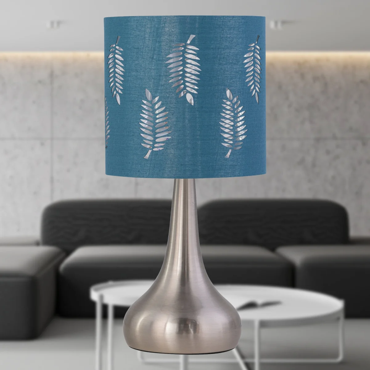Romana Brushed Chrome Touch Operated Table Lamp With Teal Fern Shade - Satin Nickel & Teal – image 4