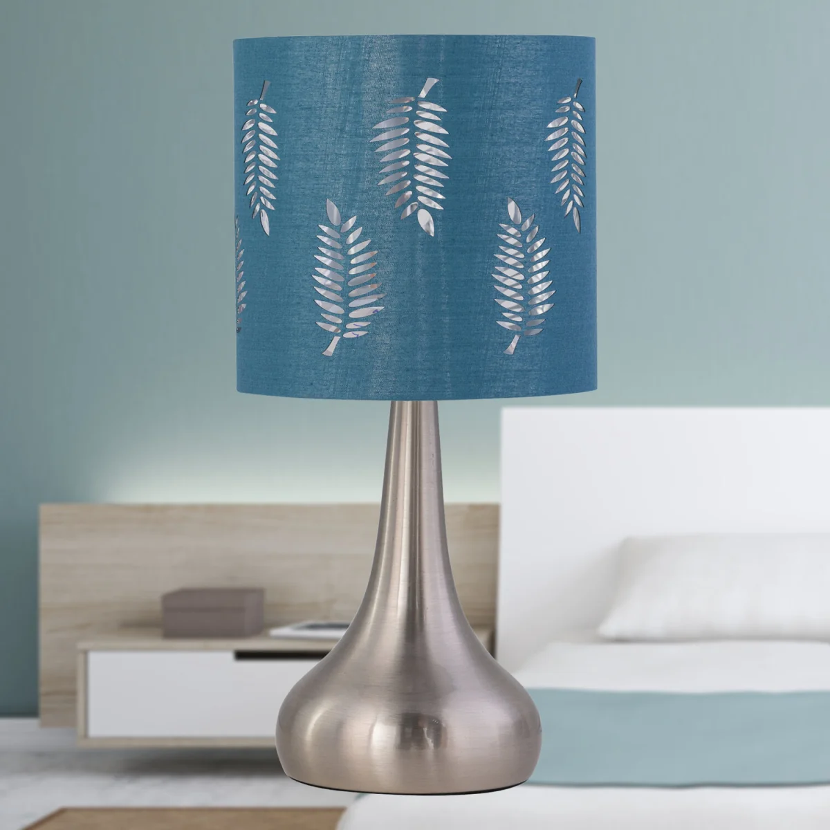 Romana Brushed Chrome Touch Operated Table Lamp With Teal Fern Shade - Satin Nickel & Teal – image 5