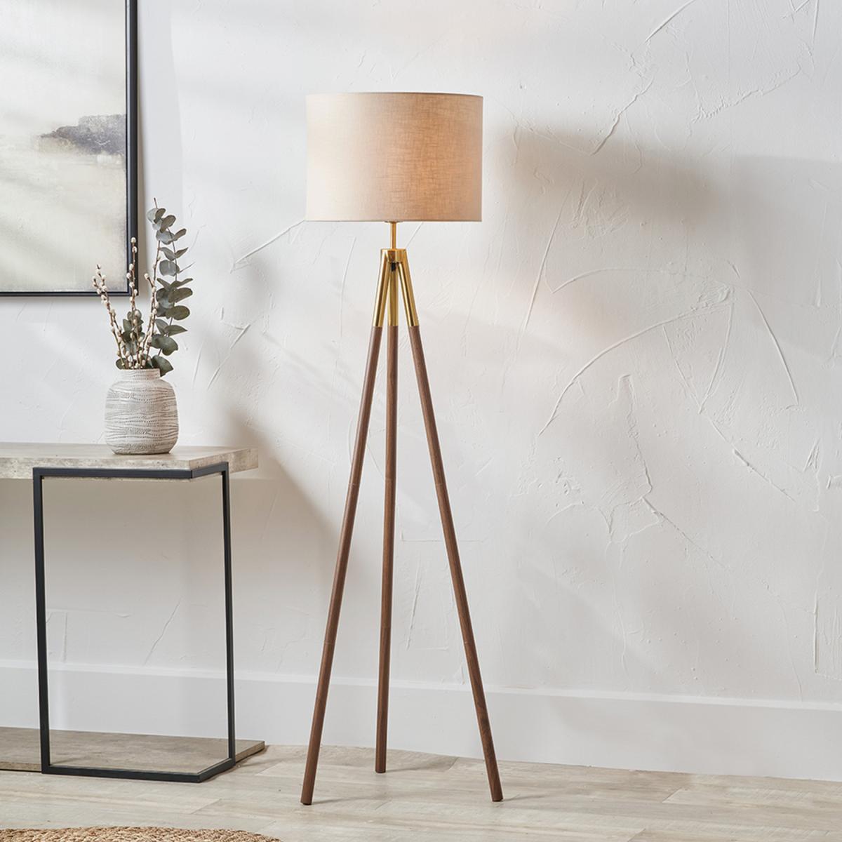 Gold Metal and Wood Grain Tripod Floor Lamp - Brown