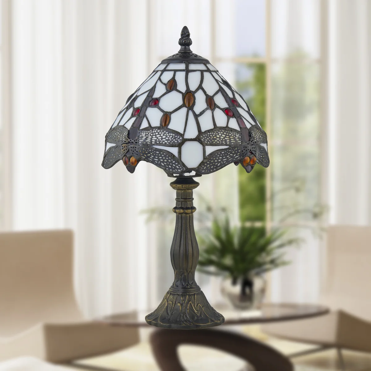 Basil Table Lamp With Shade - Antique Brass And Tiffany Decorated Glass – image 2