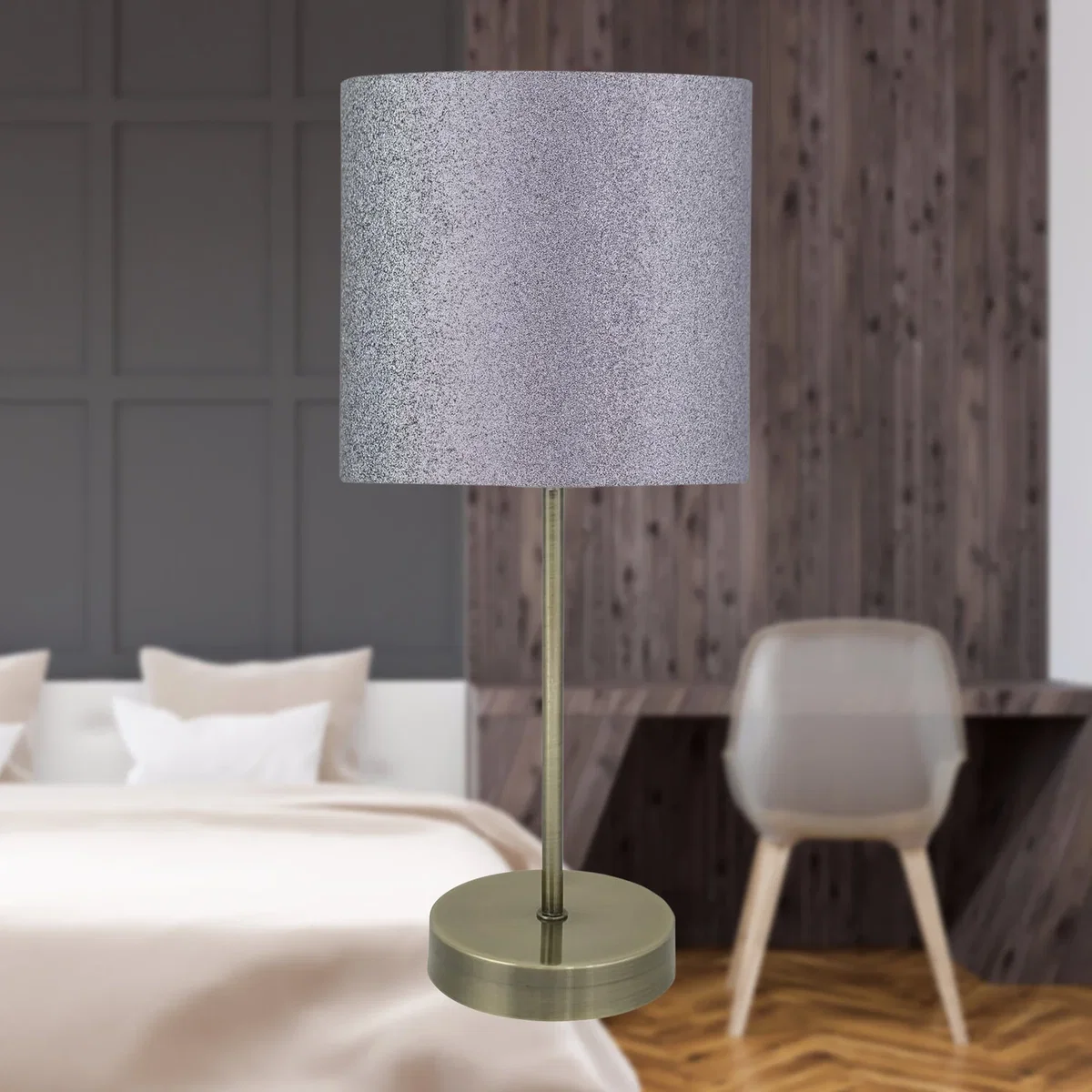 Antique Brass Stick Table Lamp With Grey Glitter Shade - Silver Grey Glitter – image 2