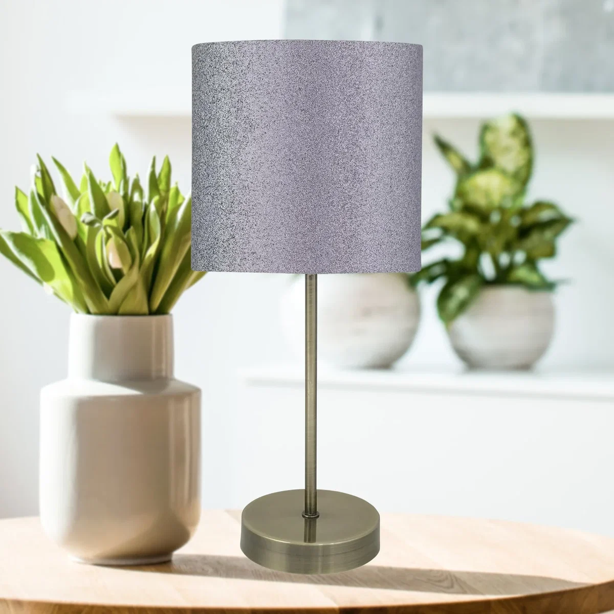 Antique Brass Stick Table Lamp With Grey Glitter Shade - Silver Grey Glitter – image 3