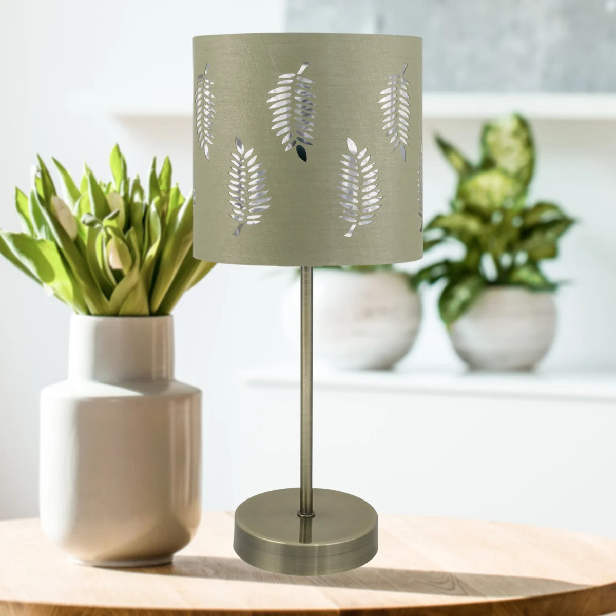 Antique Brass Stick Table Lamp With Sage Green Fern Shade - Antique Brass & Sage Green – image 2