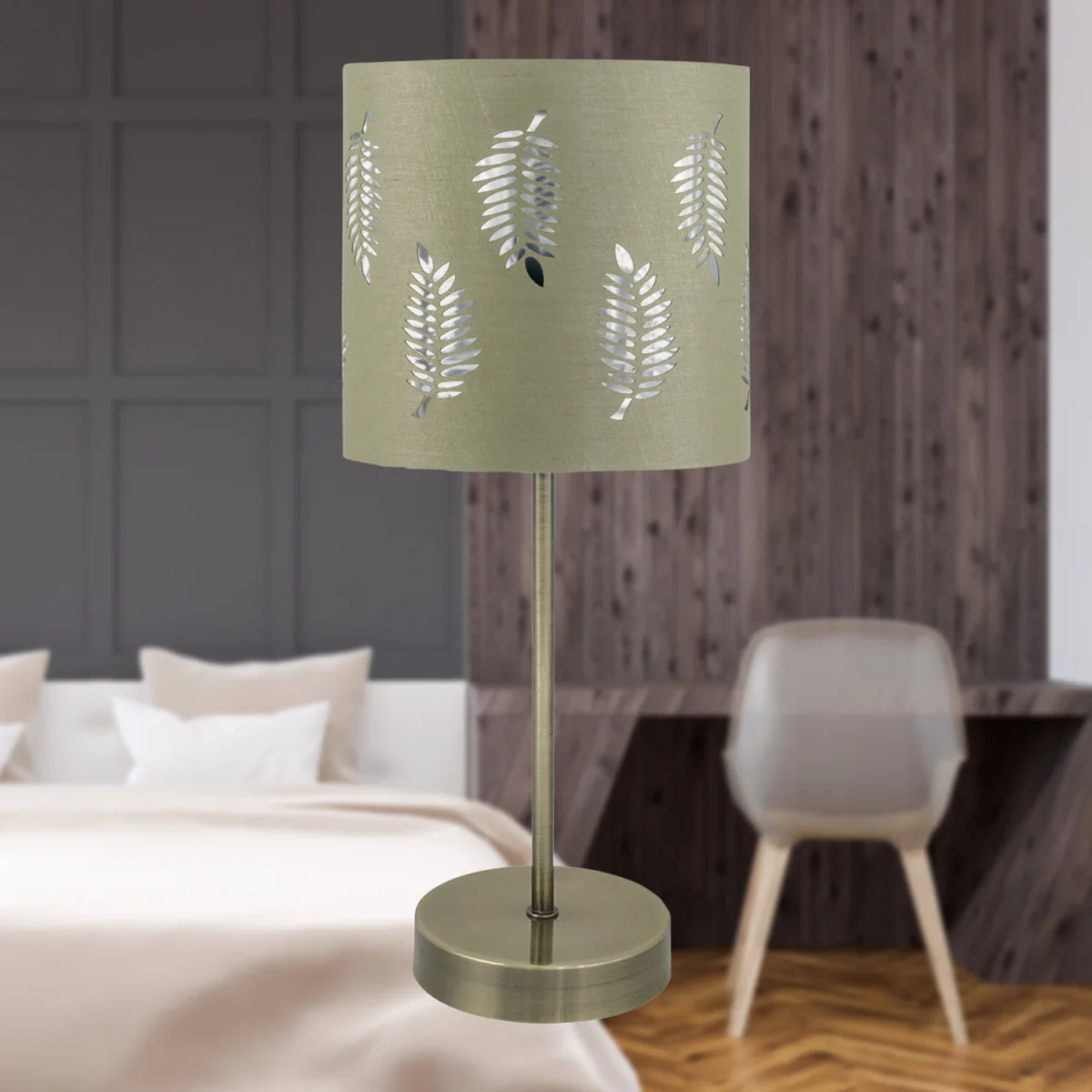 Antique Brass Stick Table Lamp With Sage Green Fern Shade - Antique Brass & Sage Green – image 3