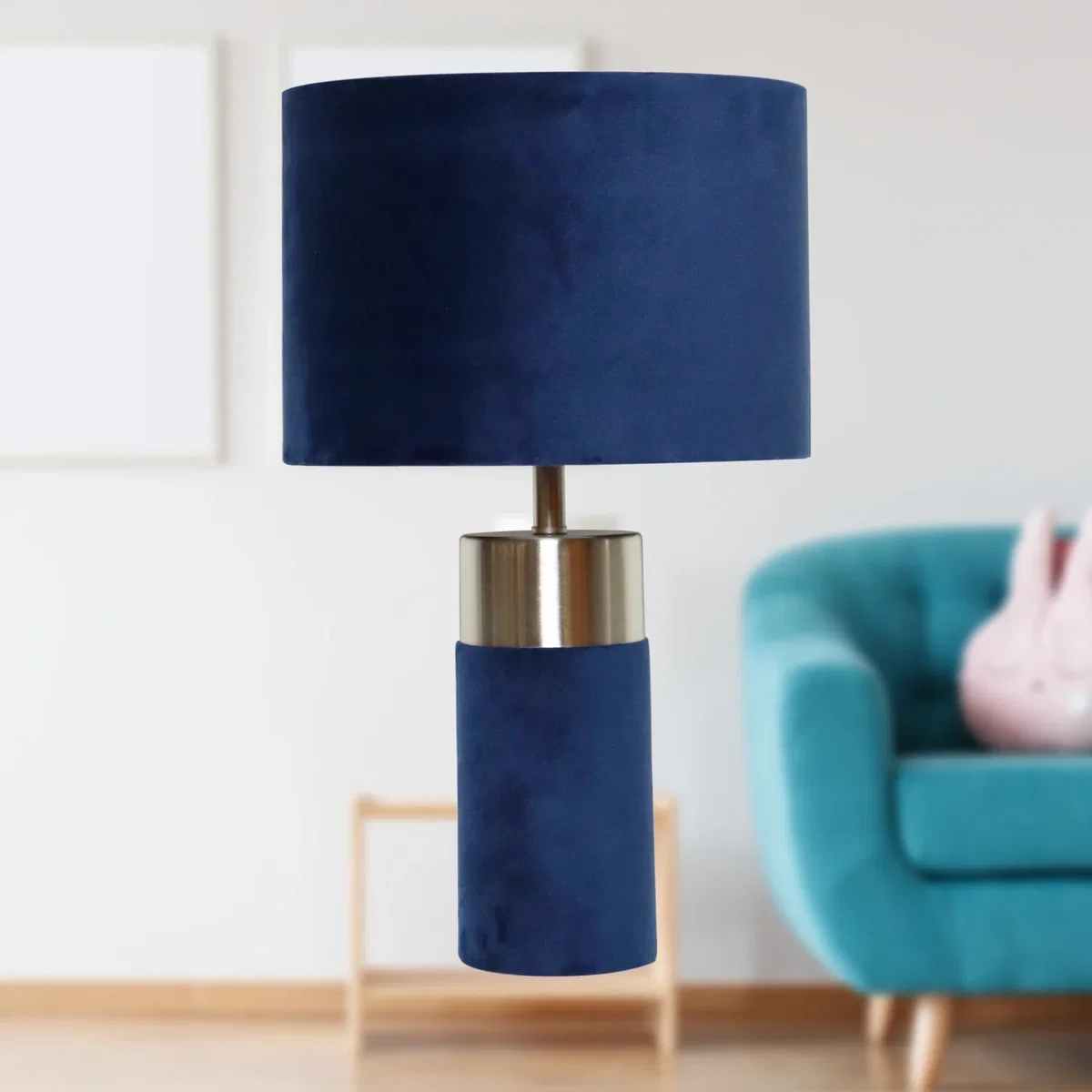 Navy Blue Velvet With Satin Chrome Detail Table Lamp - Blue – image 3